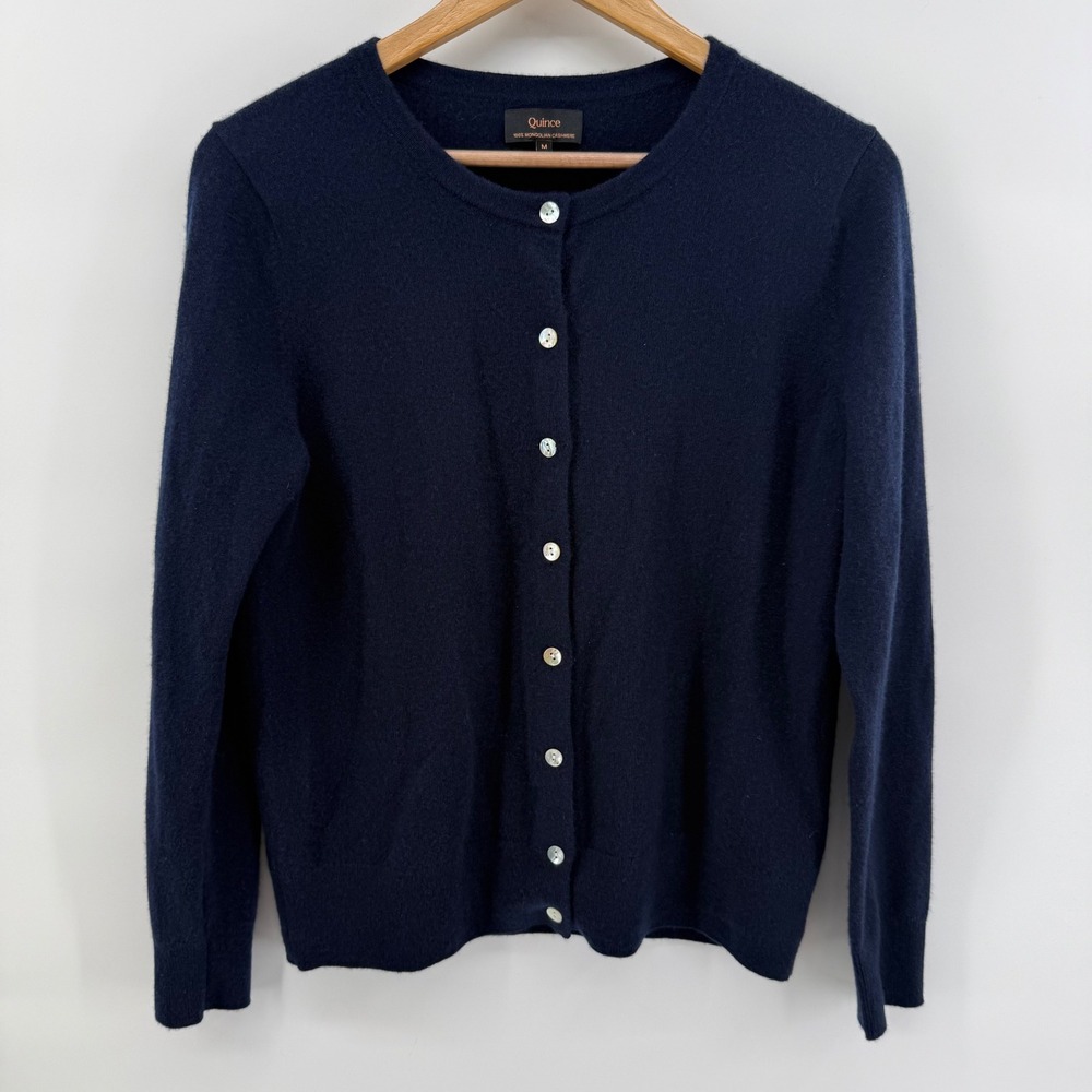 Quince 100% Mongolian Cashmere Navy Blue Crew Neck Cardigan Sweater Womens M